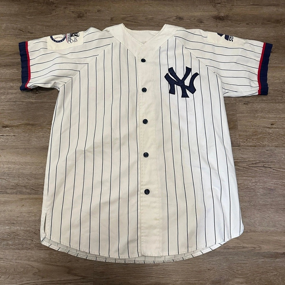 Vintage Starter New York Yankees Pinstripe Baseball Jersey Mens White Blue